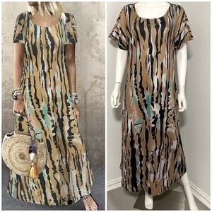Tie Dye Striped Women’s Dress, Large Casual Short Sleeve Ankle Dress Dry Clean
